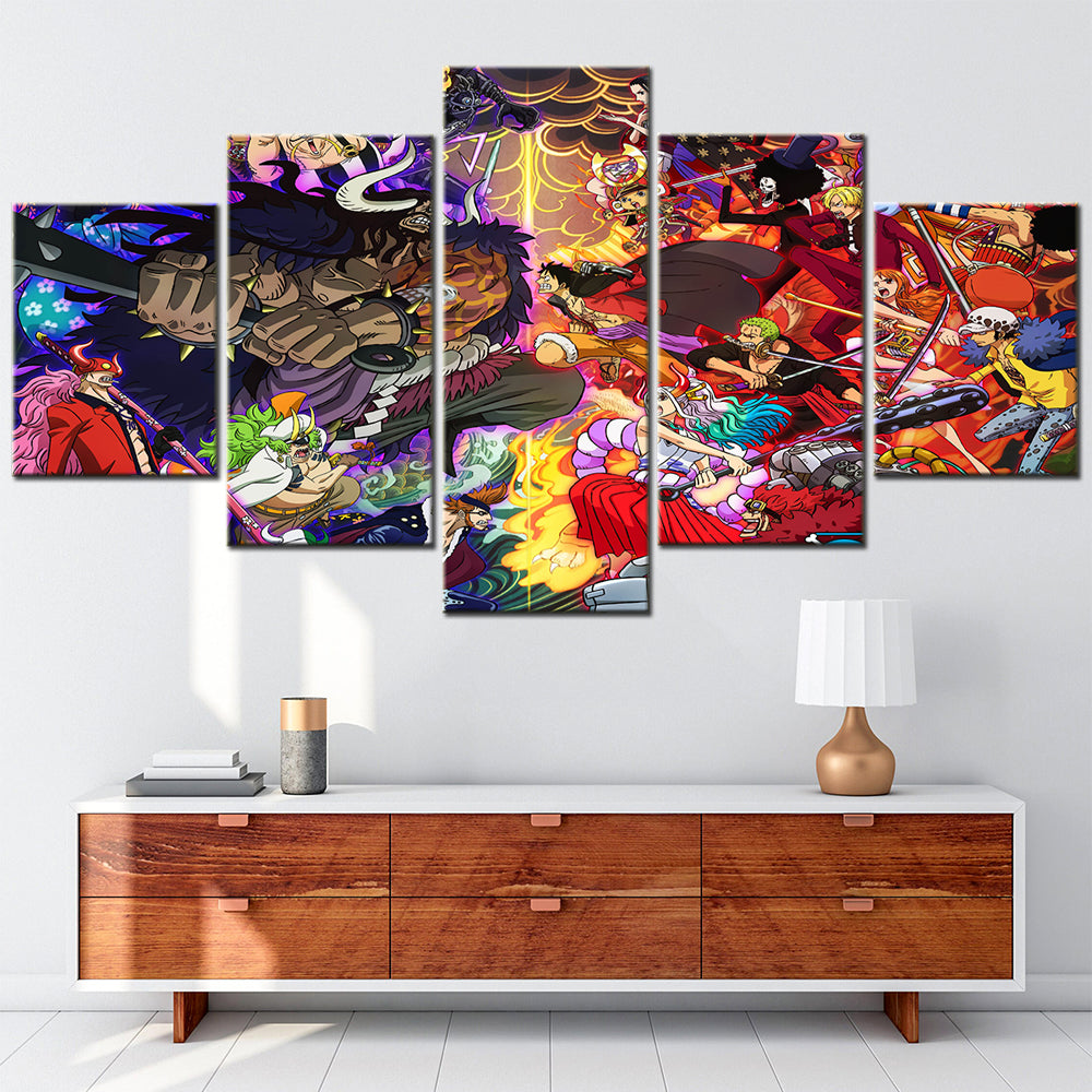 One Piece Wano Arc Canvas Wall Art - Luffy Zoro Sanji Straw Hat Crew vs Kaido 5 Piece Split Panel Anime Poster - Framed Ready to Hang Living Room & Man Cave Decor - OP5138