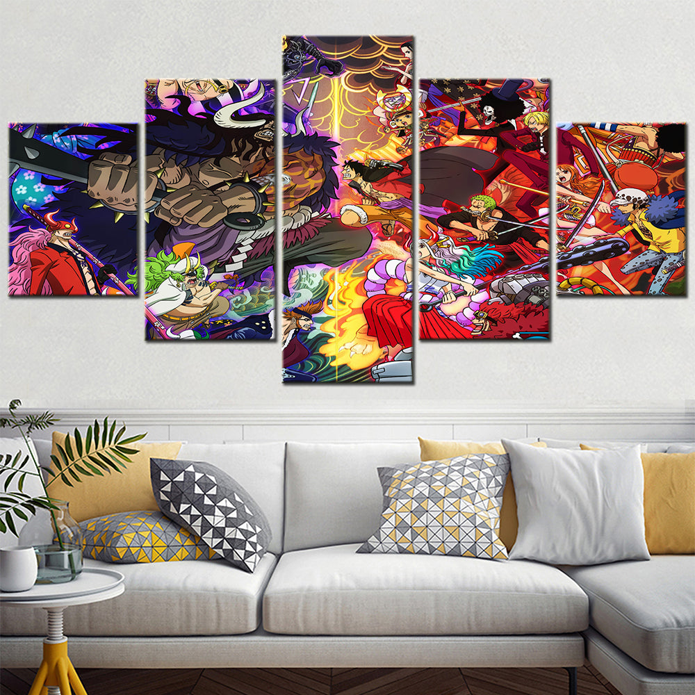 One Piece Wano Arc Canvas Wall Art - Luffy Zoro Sanji Straw Hat Crew vs Kaido 5 Piece Split Panel Anime Poster - Framed Ready to Hang Living Room & Man Cave Decor - OP5138