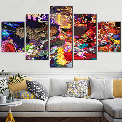 One Piece Wano Arc Canvas Wall Art - Luffy Zoro Sanji Straw Hat Crew vs Kaido 5 Piece Split Panel Anime Poster - Framed Ready to Hang Living Room & Man Cave Decor - OP5138