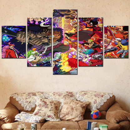 One Piece Wano Arc Canvas Wall Art - Luffy Zoro Sanji Straw Hat Crew vs Kaido 5 Piece Split Panel Anime Poster - Framed Ready to Hang Living Room & Man Cave Decor - OP5138