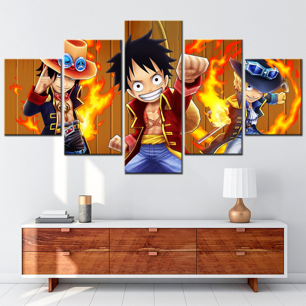 One Piece Canvas Wall Art - Luffy Sabo Eustass Kid 5 Piece Split Panel Anime Poster - Framed Ready to Hang Living Room & Man Cave Decor - OP5139