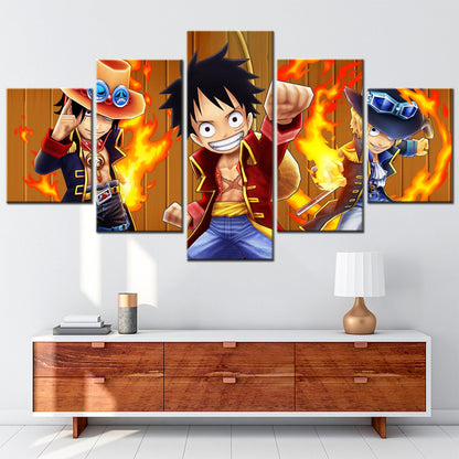 One Piece Canvas Wall Art - Luffy Sabo Eustass Kid 5 Piece Split Panel Anime Poster - Framed Ready to Hang Living Room & Man Cave Decor - OP5139