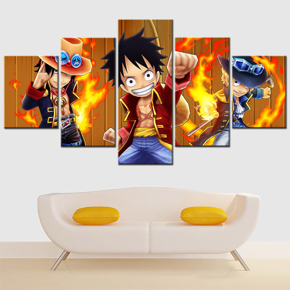 One Piece Canvas Wall Art - Luffy Sabo Eustass Kid 5 Piece Split Panel Anime Poster - Framed Ready to Hang Living Room & Man Cave Decor - OP5139