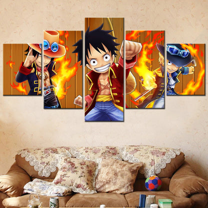 One Piece Canvas Wall Art - Luffy Sabo Eustass Kid 5 Piece Split Panel Anime Poster - Framed Ready to Hang Living Room & Man Cave Decor - OP5139