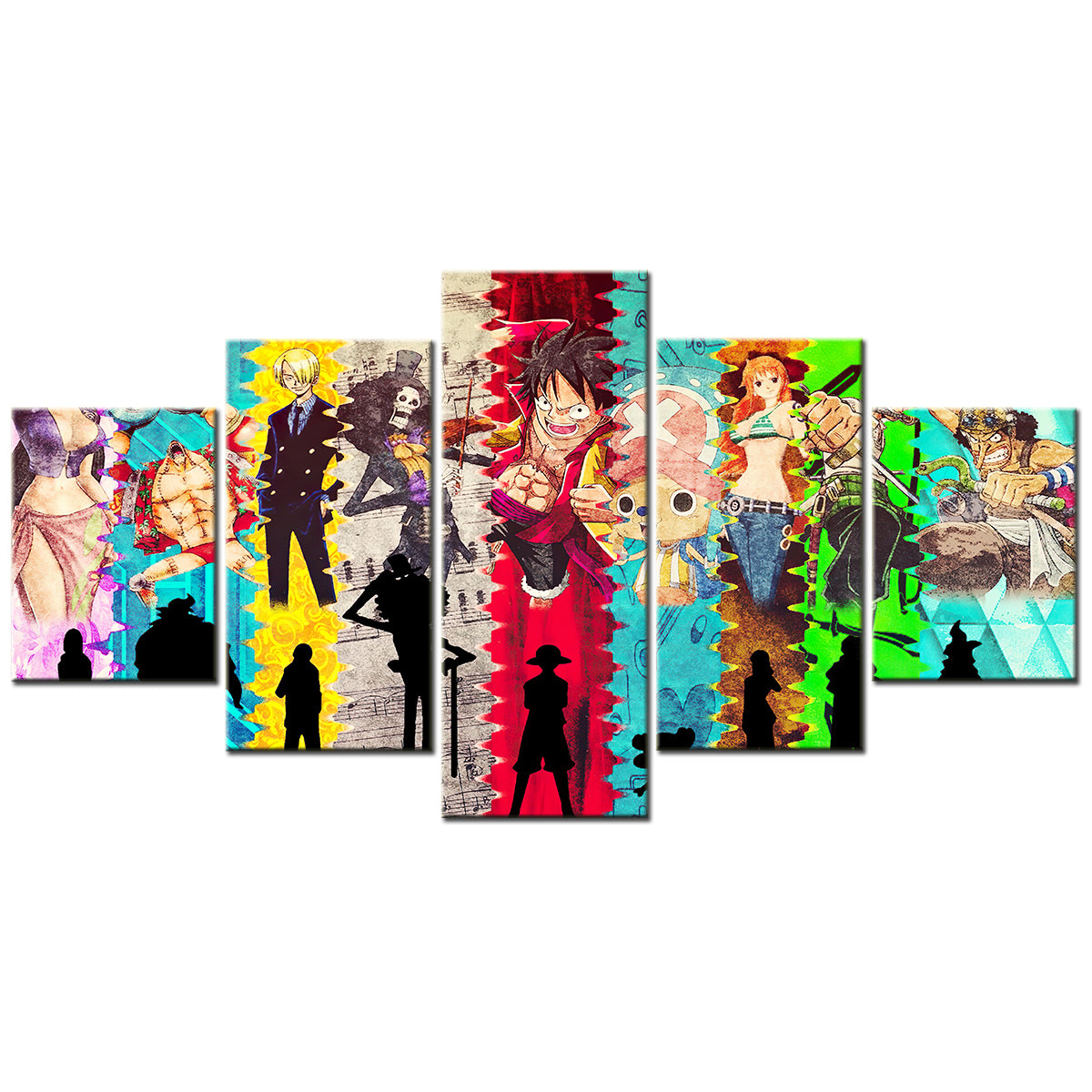 One Piece Canvas Wall Art - Luffy Zoro Sanji Straw Hat Crew 5 Piece Split Panel Anime Poster - Framed Ready to Hang Living Room & Man Cave Decor - OP5140