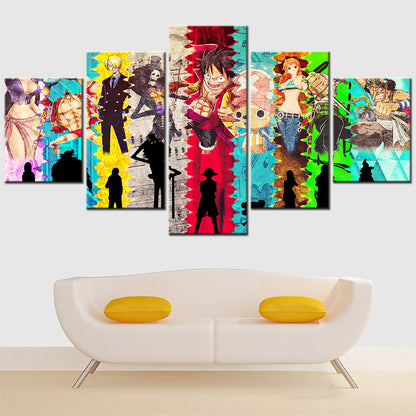 One Piece Canvas Wall Art - Luffy Zoro Sanji Straw Hat Crew 5 Piece Split Panel Anime Poster - Framed Ready to Hang Living Room & Man Cave Decor - OP5140