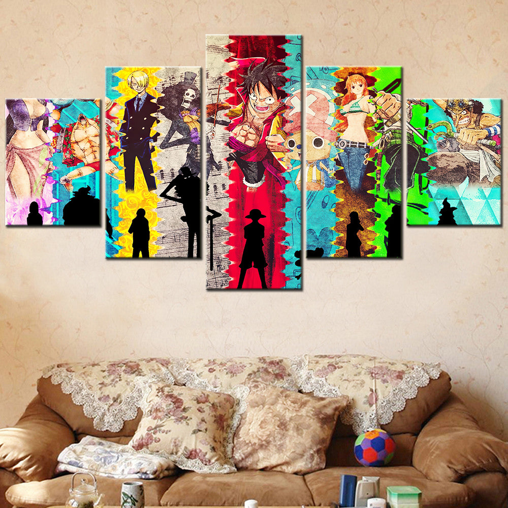 One Piece Canvas Wall Art - Luffy Zoro Sanji Straw Hat Crew 5 Piece Split Panel Anime Poster - Framed Ready to Hang Living Room & Man Cave Decor - OP5140
