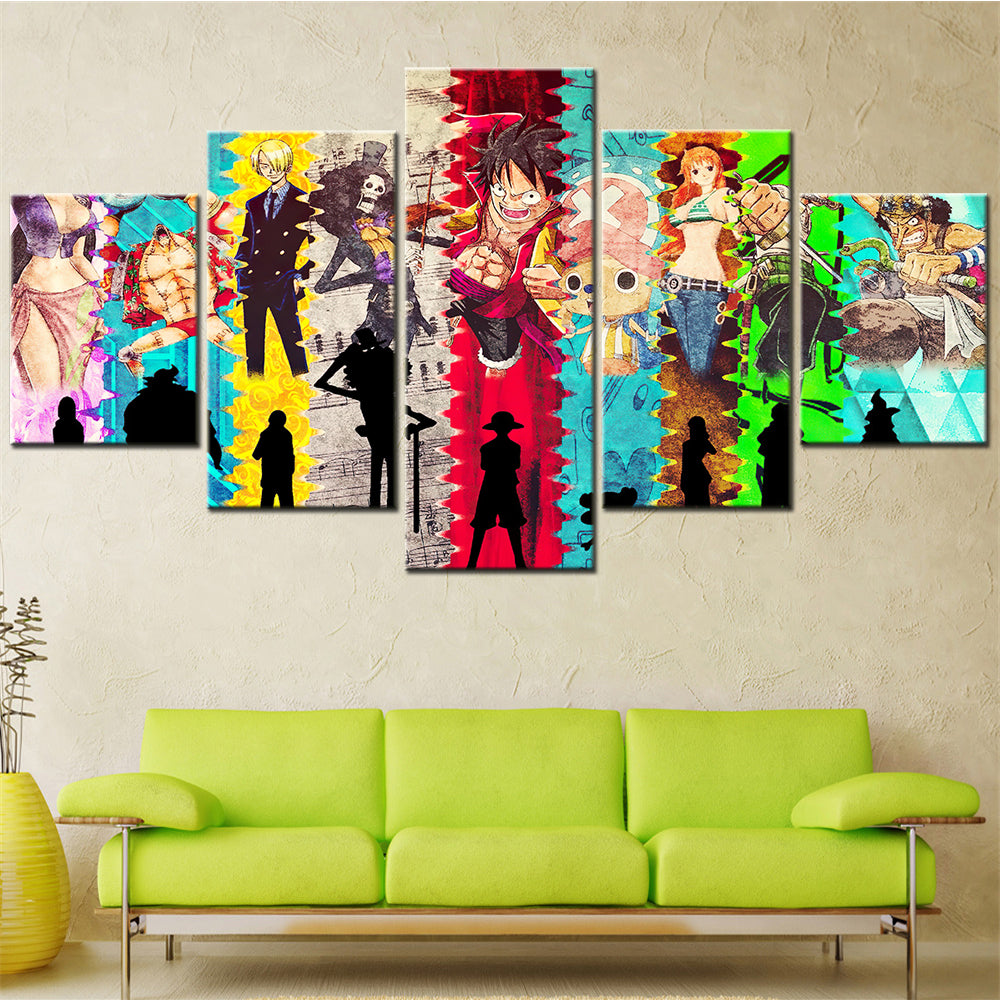 One Piece Canvas Wall Art - Luffy Zoro Sanji Straw Hat Crew 5 Piece Split Panel Anime Poster - Framed Ready to Hang Living Room & Man Cave Decor - OP5140