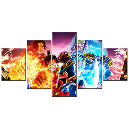 One Piece Canvas Wall Art - Luffy Law Ace Bartolomeo 5 Piece Split Panel Anime Poster - Framed Ready to Hang Living Room & Man Cave Decor - OP5141
