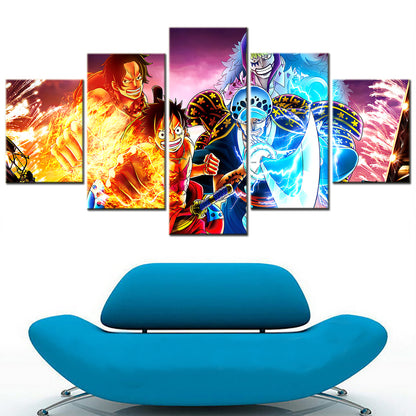 One Piece Canvas Wall Art - Luffy Law Ace Bartolomeo 5 Piece Split Panel Anime Poster - Framed Ready to Hang Living Room & Man Cave Decor - OP5141