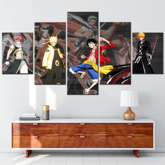 One Piece & Naruto Crossover Canvas Wall Art - Luffy, Zoro, Naruto, Kakashi 5 Piece Split Panel Anime Poster - Framed Ready to Hang Living Room & Man Cave Decor - OP5142