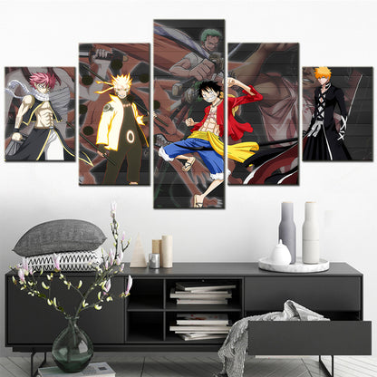 One Piece & Naruto Crossover Canvas Wall Art - Luffy, Zoro, Naruto, Kakashi 5 Piece Split Panel Anime Poster - Framed Ready to Hang Living Room & Man Cave Decor - OP5142