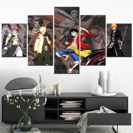 One Piece & Naruto Crossover Canvas Wall Art - Luffy, Zoro, Naruto, Kakashi 5 Piece Split Panel Anime Poster - Framed Ready to Hang Living Room & Man Cave Decor - OP5142