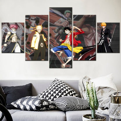 One Piece & Naruto Crossover Canvas Wall Art - Luffy, Zoro, Naruto, Kakashi 5 Piece Split Panel Anime Poster - Framed Ready to Hang Living Room & Man Cave Decor - OP5142
