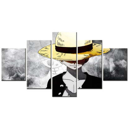 One Piece Canvas Wall Art - Monkey D. Luffy 5 Piece Split Panel Anime Poster - Framed Ready to Hang Living Room & Man Cave Decor - OP5143