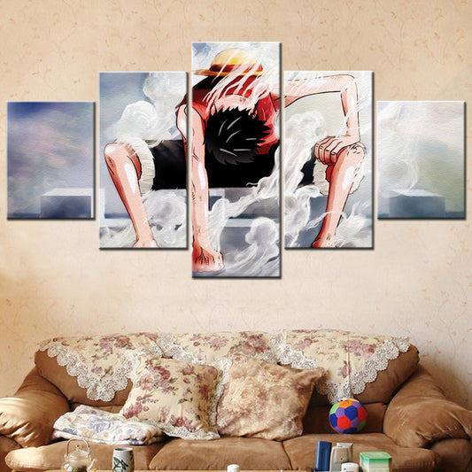 One Piece Canvas Wall Art - Gear Fourth Luffy Unleashed 5 Piece Split Panel Anime Poster - Framed Ready to Hang Living Room & Man Cave Decor - OP5144