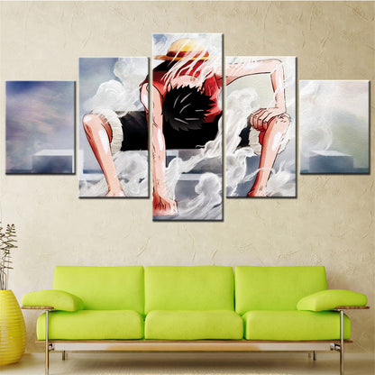One Piece Canvas Wall Art - Gear Fourth Luffy Unleashed 5 Piece Split Panel Anime Poster - Framed Ready to Hang Living Room & Man Cave Decor - OP5144