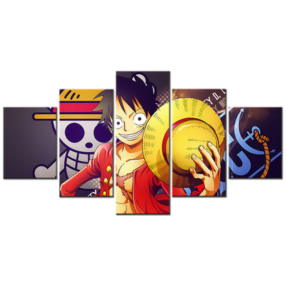 One Piece Canvas Wall Art - Monkey D. Luffy 5 Piece Split Panel Anime Poster - Framed Ready to Hang Living Room & Man Cave Decor - OP5146