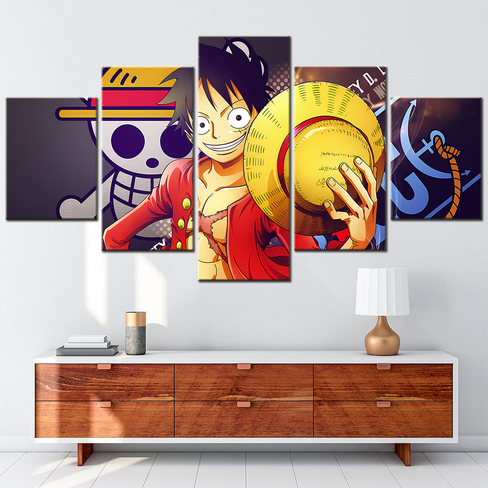 One Piece Canvas Wall Art - Monkey D. Luffy 5 Piece Split Panel Anime Poster - Framed Ready to Hang Living Room & Man Cave Decor - OP5146