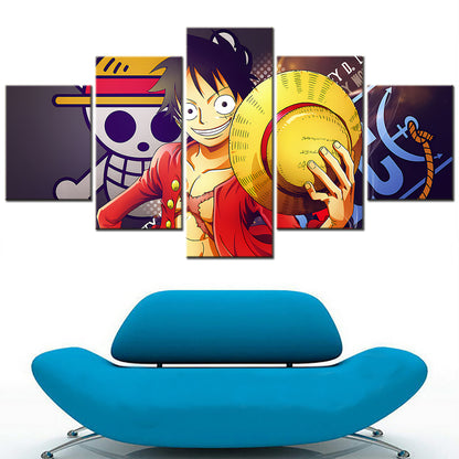 One Piece Canvas Wall Art - Monkey D. Luffy 5 Piece Split Panel Anime Poster - Framed Ready to Hang Living Room & Man Cave Decor - OP5146