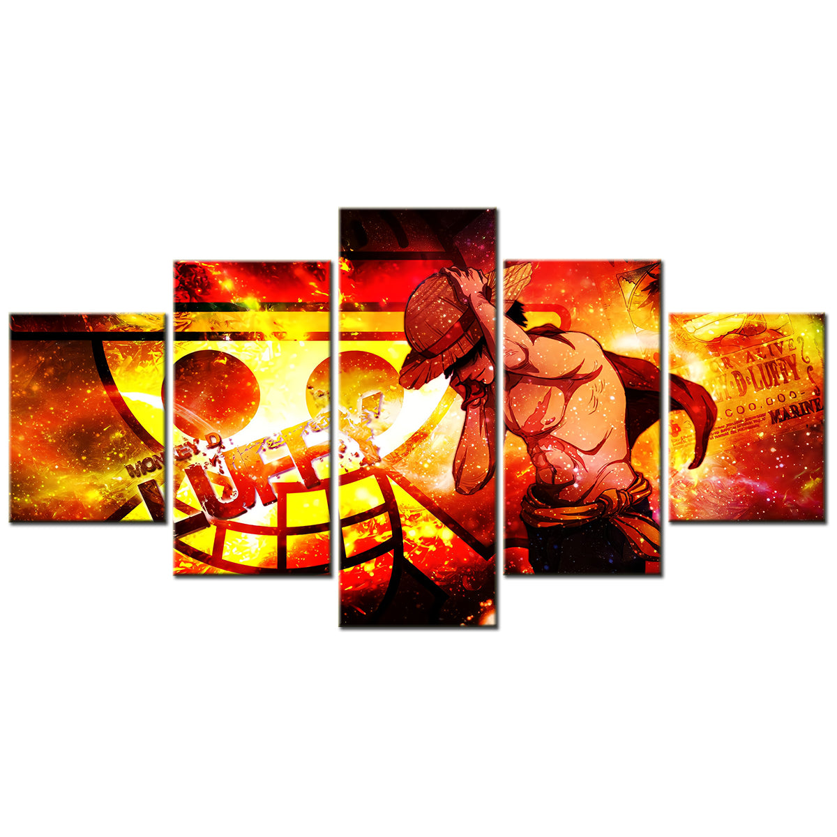 One Piece Canvas Wall Art - Monkey D. Luffy 5 Piece Split Panel Anime Poster - Framed Ready to Hang Living Room & Man Cave Decor - OP5147