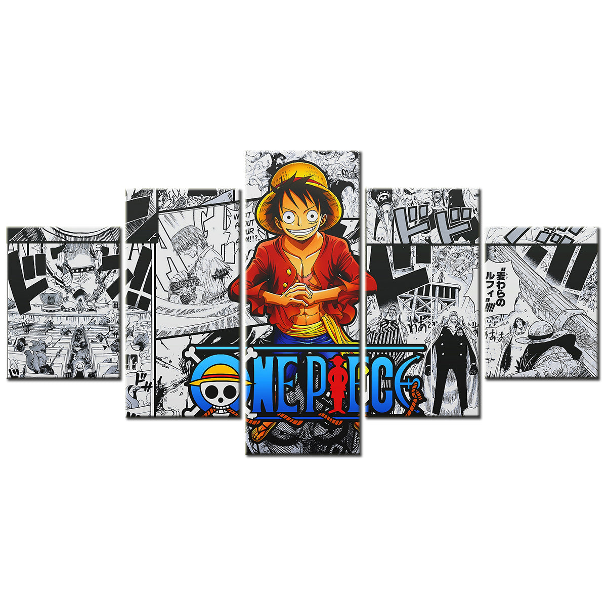 One Piece Canvas Wall Art - Monkey D. Luffy 5 Piece Split Panel Anime Poster - Framed Ready to Hang Living Room & Man Cave Decor - OP5148
