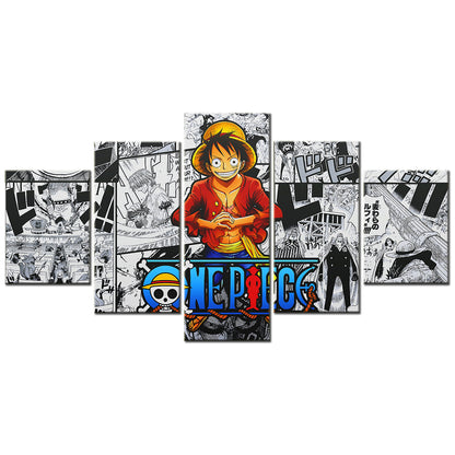 One Piece Canvas Wall Art - Monkey D. Luffy 5 Piece Split Panel Anime Poster - Framed Ready to Hang Living Room & Man Cave Decor - OP5148