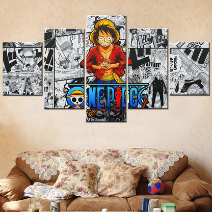 One Piece Canvas Wall Art - Monkey D. Luffy 5 Piece Split Panel Anime Poster - Framed Ready to Hang Living Room & Man Cave Decor - OP5148