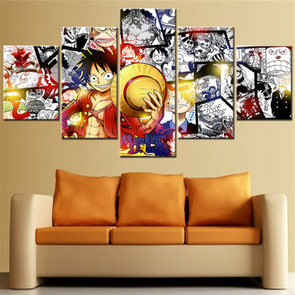 One Piece Canvas Wall Art - Monkey D. Luffy 5 Piece Split Panel Anime Poster - Framed Ready to Hang Living Room & Man Cave Decor - OP5151