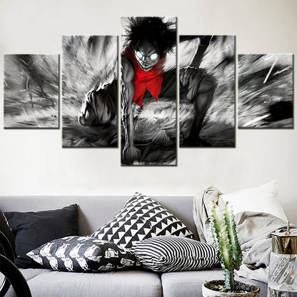 One Piece Canvas Wall Art - Gear Fourth Luffy Unleashed 5 Piece Split Panel Anime Poster - Framed Ready to Hang Living Room & Man Cave Decor - OP5152