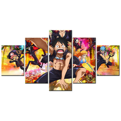 One Piece Canvas Wall Art - Monkey D. Luffy 5 Piece Split Panel Anime Poster - Framed Ready to Hang Living Room & Man Cave Decor - OP5153