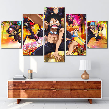 One Piece Canvas Wall Art - Monkey D. Luffy 5 Piece Split Panel Anime Poster - Framed Ready to Hang Living Room & Man Cave Decor - OP5153