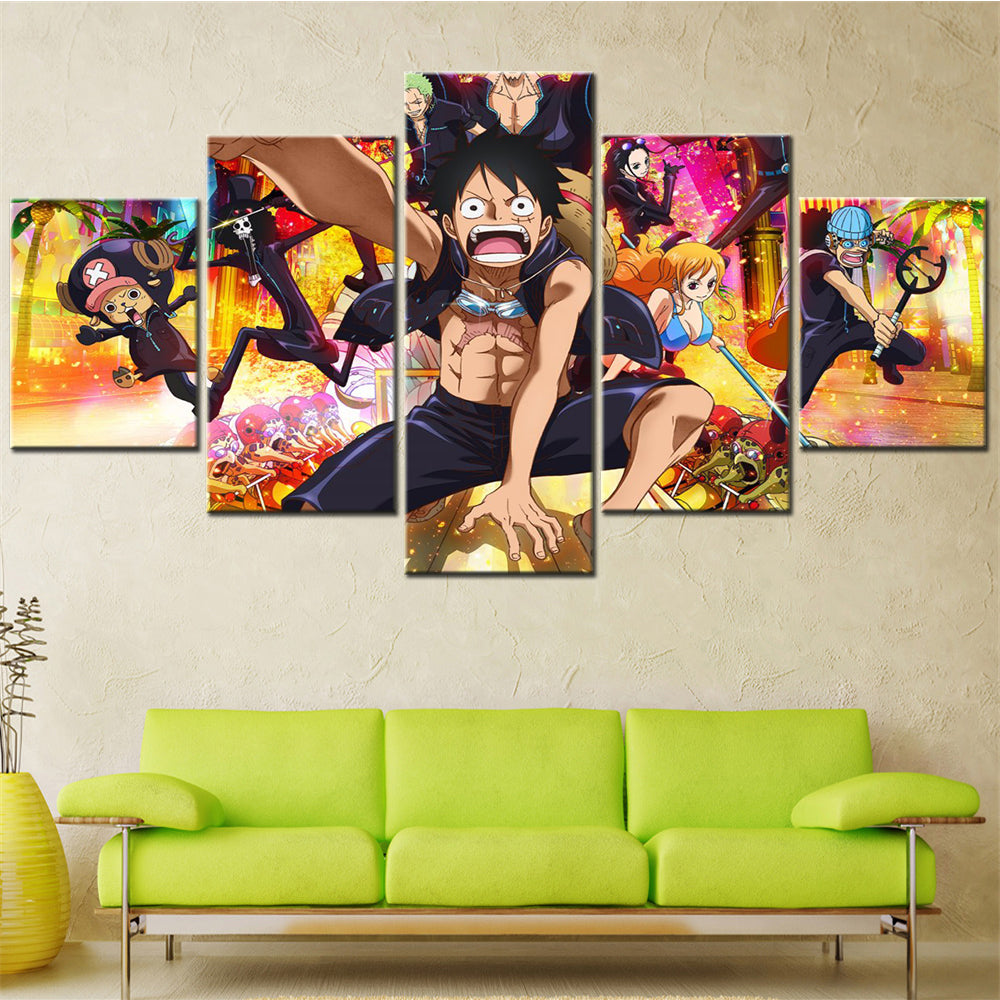 One Piece Canvas Wall Art - Monkey D. Luffy 5 Piece Split Panel Anime Poster - Framed Ready to Hang Living Room & Man Cave Decor - OP5153