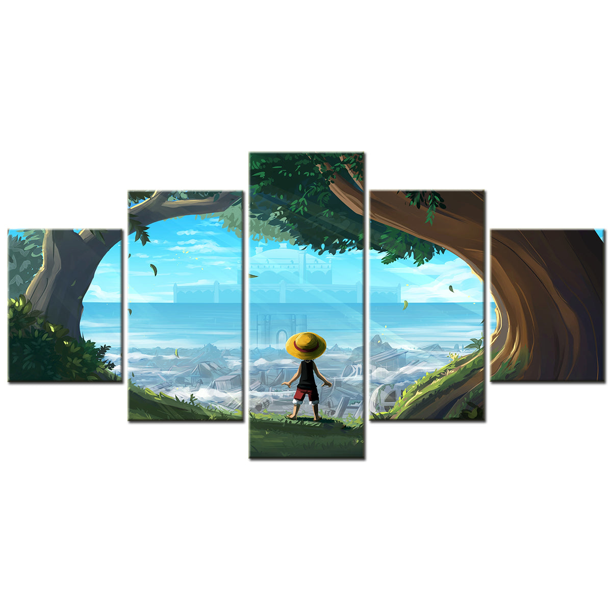 One Piece Canvas Wall Art - Monkey D. Luffy 5 Piece Split Panel Anime Poster - Framed Ready to Hang Living Room & Man Cave Decor - OP5154