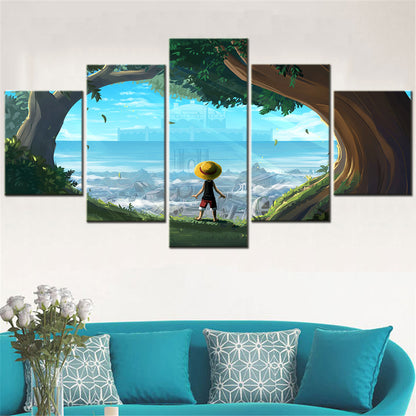 One Piece Canvas Wall Art - Monkey D. Luffy 5 Piece Split Panel Anime Poster - Framed Ready to Hang Living Room & Man Cave Decor - OP5154