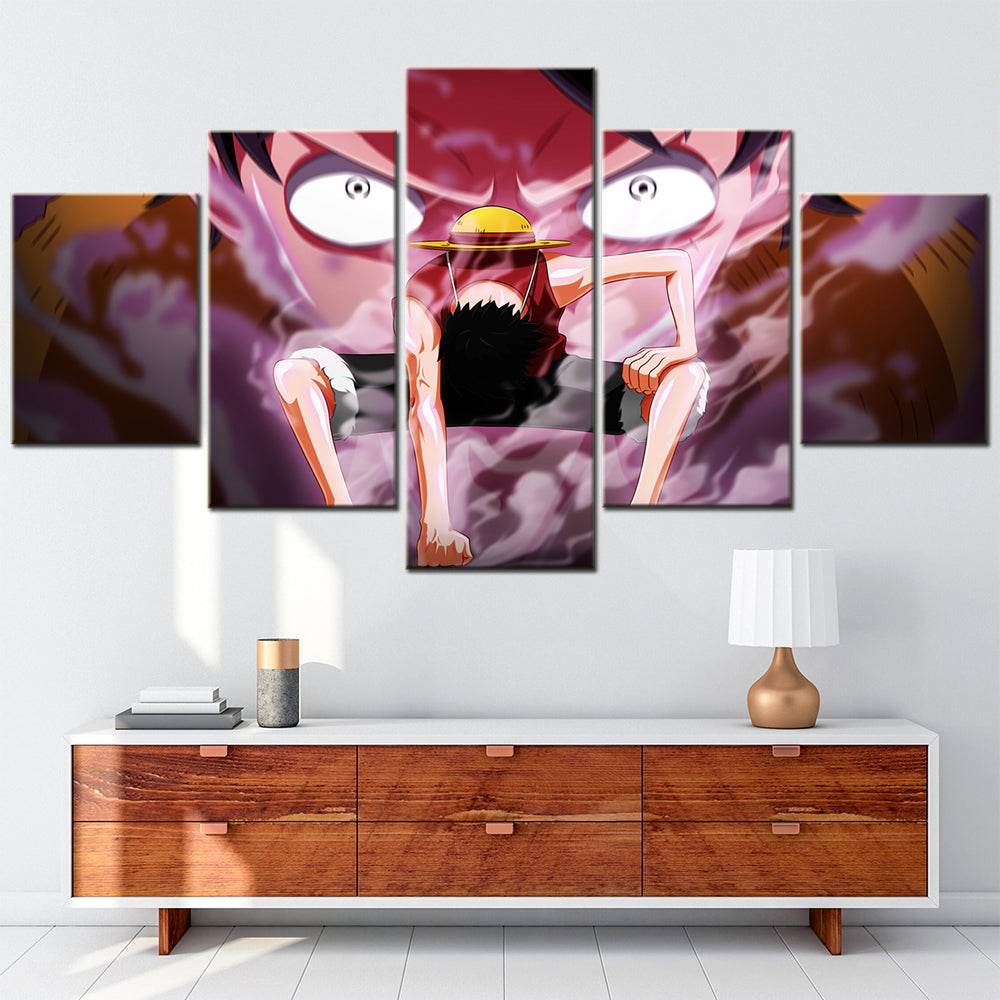 One Piece Canvas Wall Art - Gear Fourth Luffy Unleashed 5 Piece Split Panel Anime Poster - Framed Ready to Hang Living Room & Man Cave Decor - OP5155
