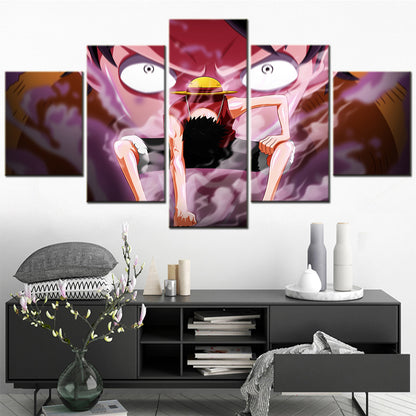 One Piece Canvas Wall Art - Gear Fourth Luffy Unleashed 5 Piece Split Panel Anime Poster - Framed Ready to Hang Living Room & Man Cave Decor - OP5155