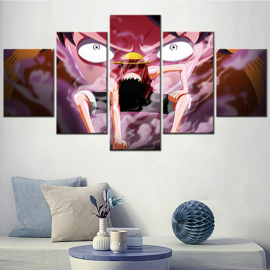 One Piece Canvas Wall Art - Gear Fourth Luffy Unleashed 5 Piece Split Panel Anime Poster - Framed Ready to Hang Living Room & Man Cave Decor - OP5155