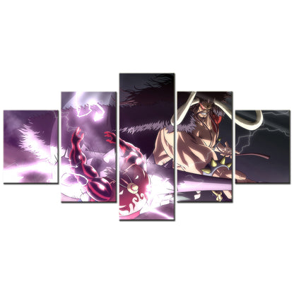 One Piece Canvas Wall Art - Gear Fourth Luffy Unleashed Vs Kaido 5 Piece Split Panel Anime Poster - Framed Ready to Hang Living Room & Man Cave Decor - OP5157