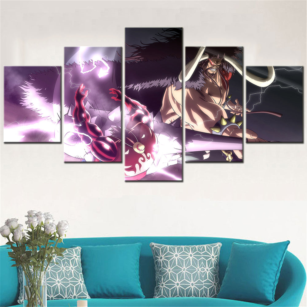 One Piece Canvas Wall Art - Gear Fourth Luffy Unleashed Vs Kaido 5 Piece Split Panel Anime Poster - Framed Ready to Hang Living Room & Man Cave Decor - OP5157