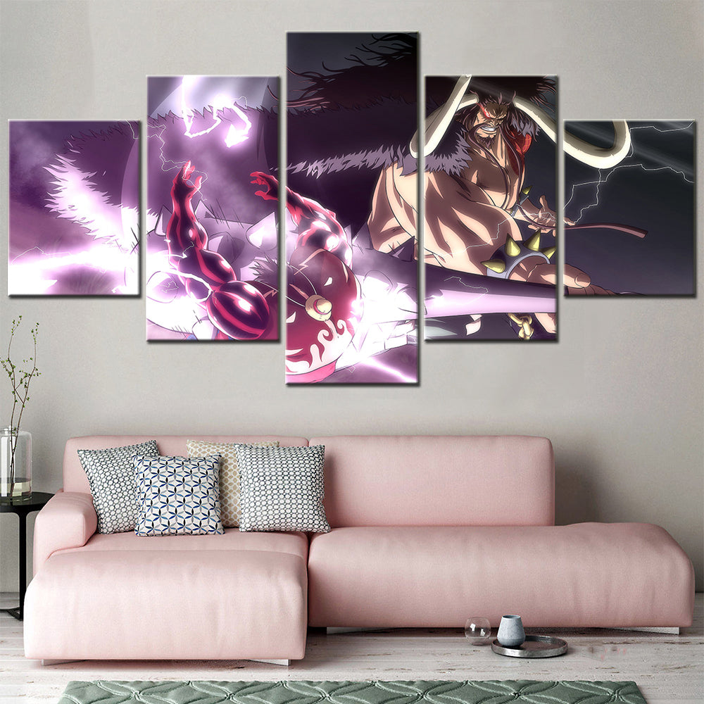 One Piece Canvas Wall Art - Gear Fourth Luffy Unleashed Vs Kaido 5 Piece Split Panel Anime Poster - Framed Ready to Hang Living Room & Man Cave Decor - OP5157