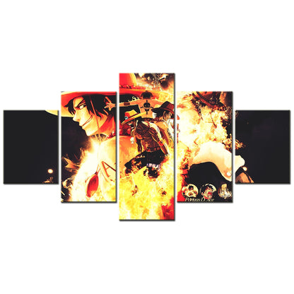 One Piece Canvas Wall Art - Fire Fist Ace 5 Piece Split Panel Anime Poster - Framed Ready to Hang Living Room & Man Cave Decor - OP5158