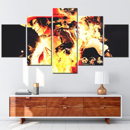 One Piece Canvas Wall Art - Fire Fist Ace 5 Piece Split Panel Anime Poster - Framed Ready to Hang Living Room & Man Cave Decor - OP5158