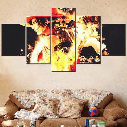One Piece Canvas Wall Art - Fire Fist Ace 5 Piece Split Panel Anime Poster - Framed Ready to Hang Living Room & Man Cave Decor - OP5158