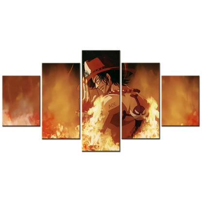 One Piece Canvas Wall Art - Fire Fist Ace 5 Piece Split Panel Anime Poster - Framed Ready to Hang Living Room & Man Cave Decor - OP5159