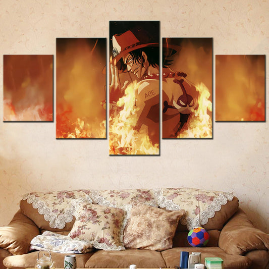 One Piece Canvas Wall Art - Fire Fist Ace 5 Piece Split Panel Anime Poster - Framed Ready to Hang Living Room & Man Cave Decor - OP5159