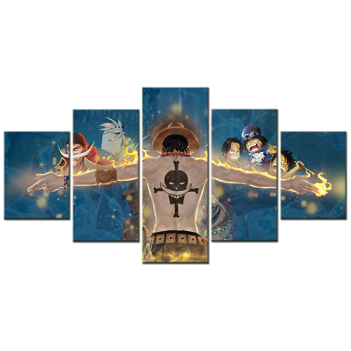 One Piece Canvas Wall Art - Fire Fist Ace 5 Piece Split Panel Anime Poster - Framed Ready to Hang Living Room & Man Cave Decor - OP5160