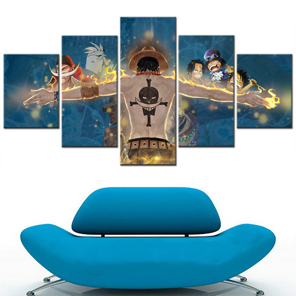 One Piece Canvas Wall Art - Fire Fist Ace 5 Piece Split Panel Anime Poster - Framed Ready to Hang Living Room & Man Cave Decor - OP5160