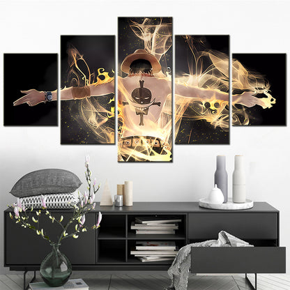One Piece Canvas Wall Art - Fire Fist Ace 5 Piece Split Panel Anime Poster - Framed Ready to Hang Living Room & Man Cave Decor - OP5161
