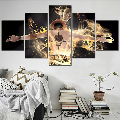 One Piece Canvas Wall Art - Fire Fist Ace 5 Piece Split Panel Anime Poster - Framed Ready to Hang Living Room & Man Cave Decor - OP5161